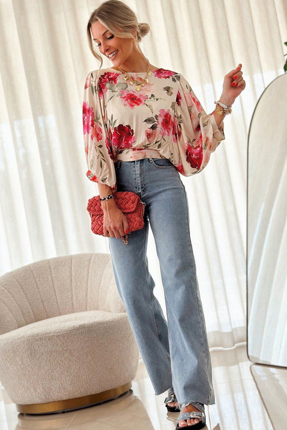 Rose 3/4 Sleeve Lace-up Back Blouse