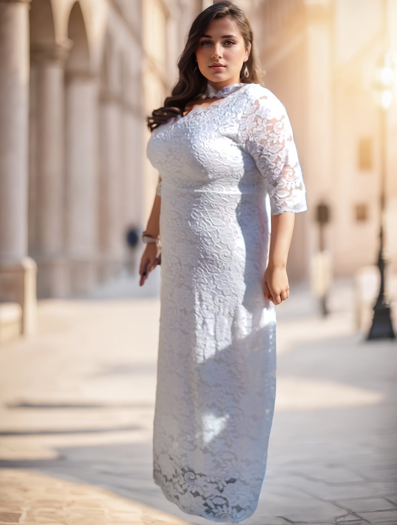 Plus Size O Neck Three Quarter Sleeve Lace Maxi Dress