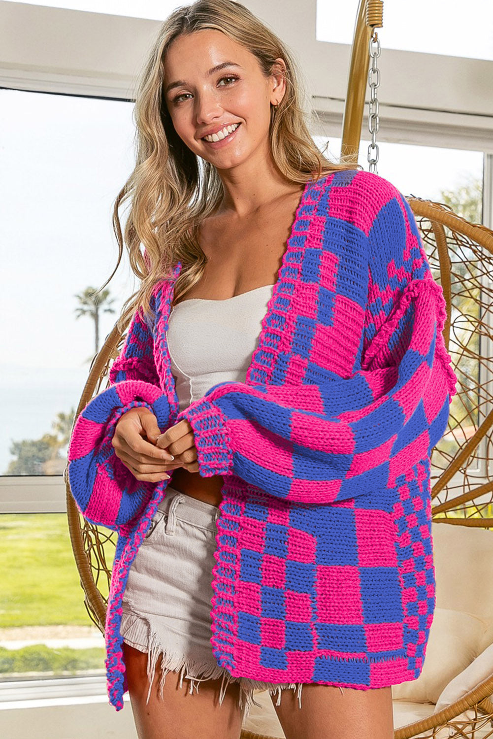 Magenta Colorblock Checked Open Front Knitted Cardigan