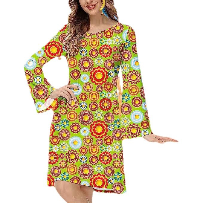 Retro Hippie Bell Sleeve Mini Dress – Boho Geometric Print High Waist Dress CJ Dropshipping Retro Hippie Dress
