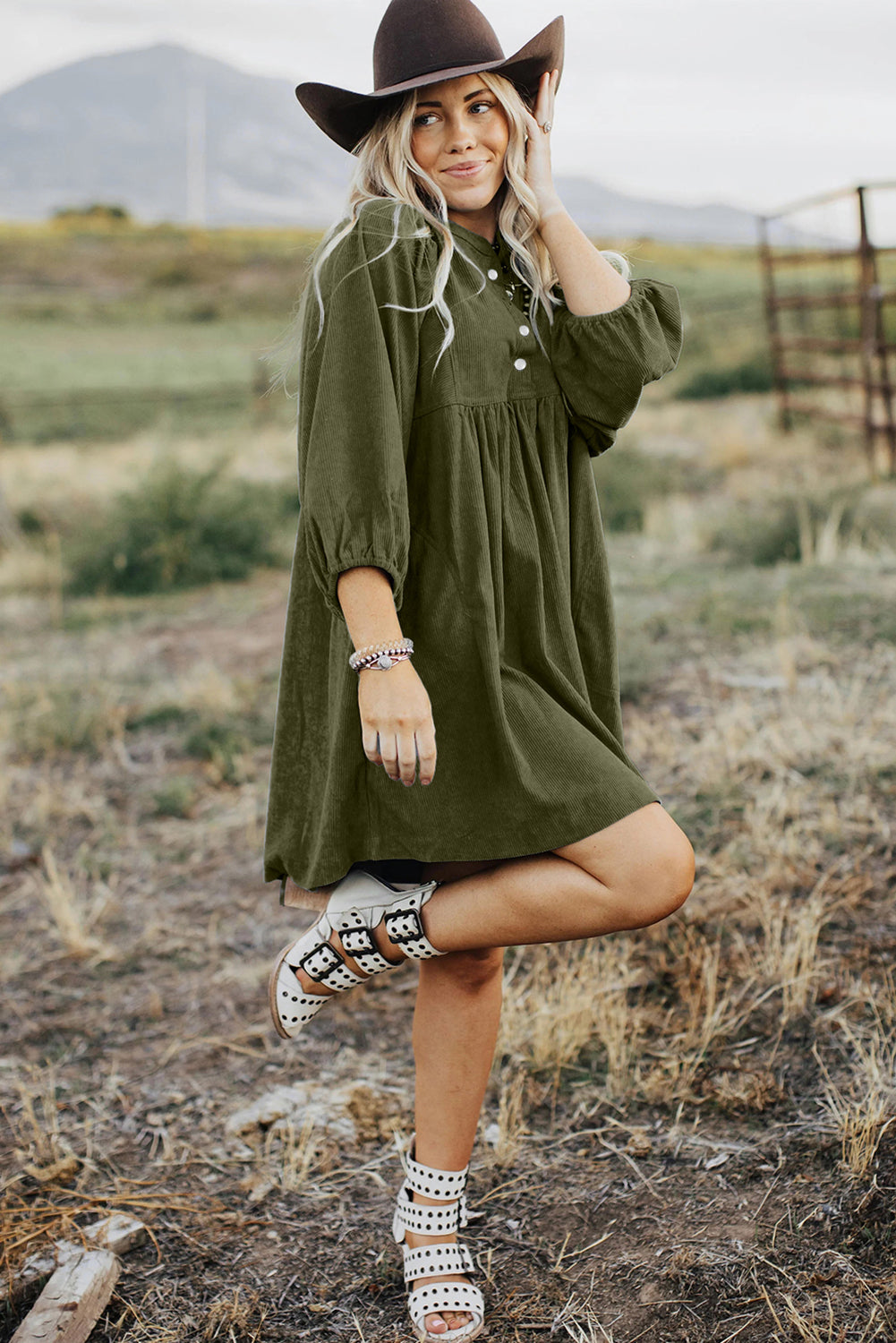 Army Green Corduroy 1/4 Snap Empire Waist Bracelet Sleeve Dress