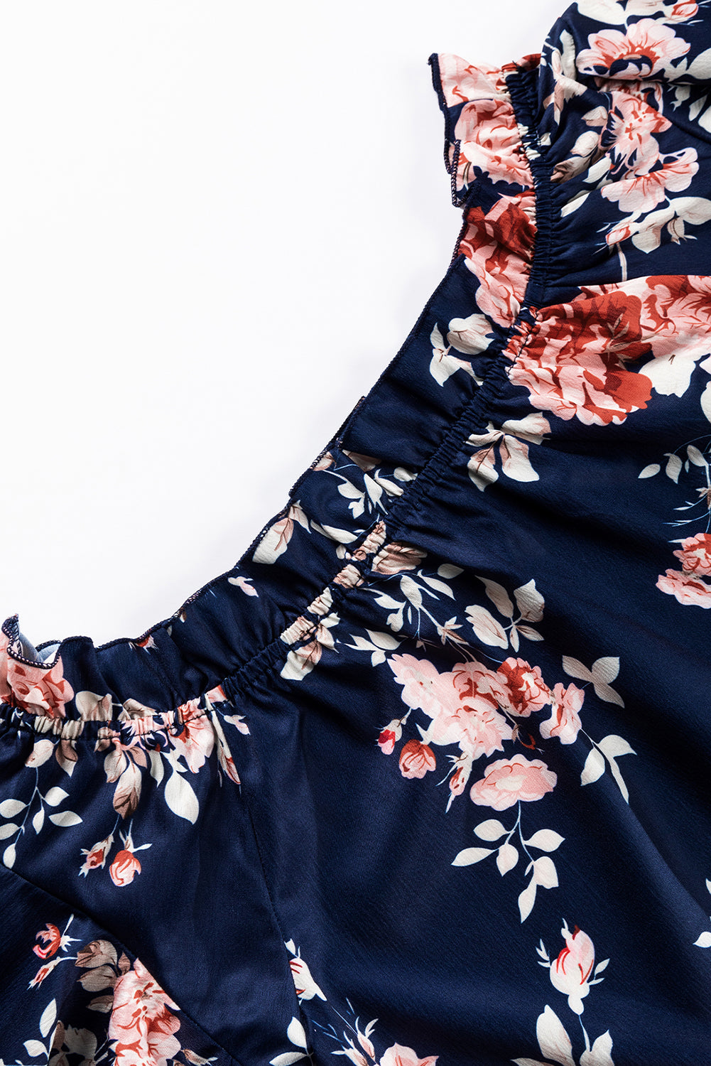 Navy Off Shoulder Flounce Sleeve Floral Blouse