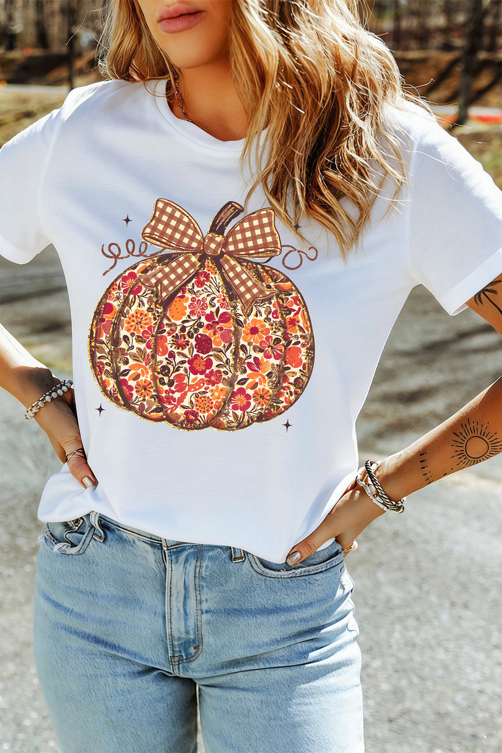 White Floral Pumpkin Gingham Bow Graphic T-Shirt