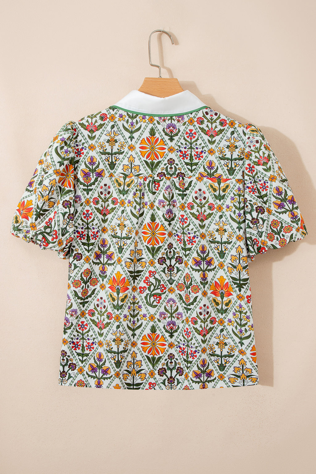Green Short Puff Sleeve Floral Diamond Shirt