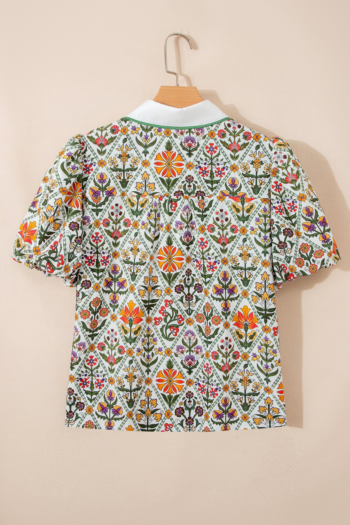 Green Short Puff Sleeve Floral Diamond Shirt