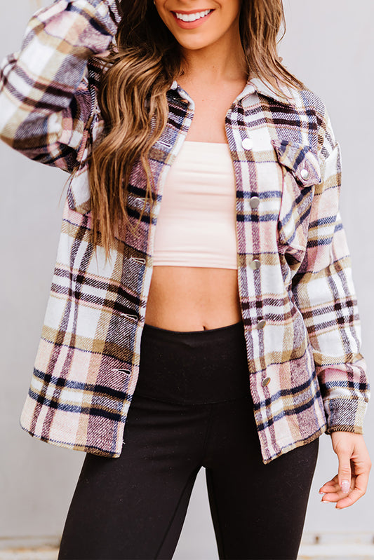 Pink Geometric Plaid Print Pocketed Shacket