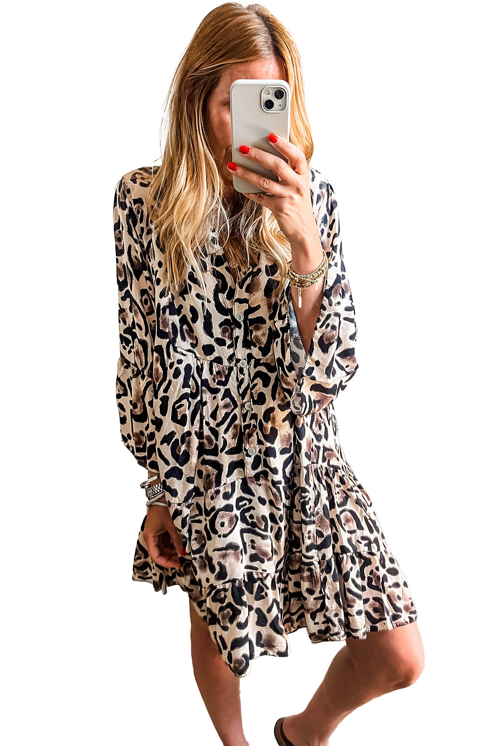 Khaki Leopard Button V Neck Pocket Flowy Mini Dress Shewin Short Dresses