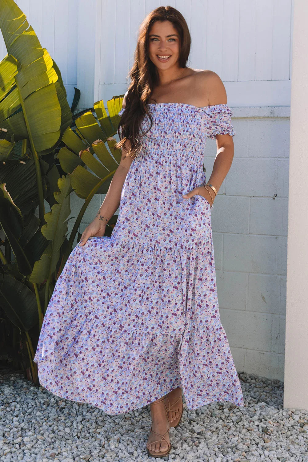 Purple Floral Short Bubble Sleeve Shirred High Waist Maxi Dress Purple 100%Polyester Bazaare Mart Dresses/Maxi Dresses