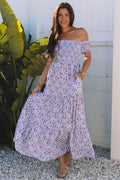 Purple Floral Short Bubble Sleeve Shirred High Waist Maxi Dress Purple 100%Polyester Bazaare Mart Dresses/Maxi Dresses