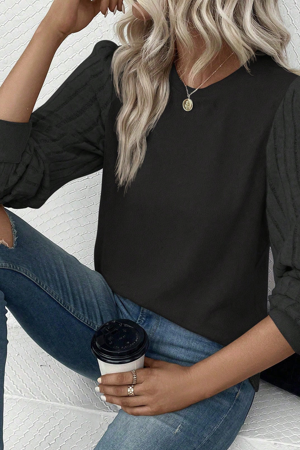 Gray Contrast Ribbed Bishop Sleeve Top