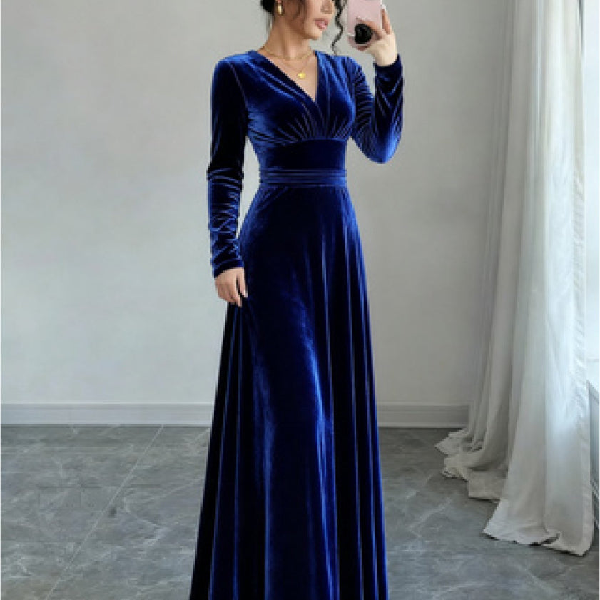 Elegant Velvet Long Sleeve V-Neck Evening Gown