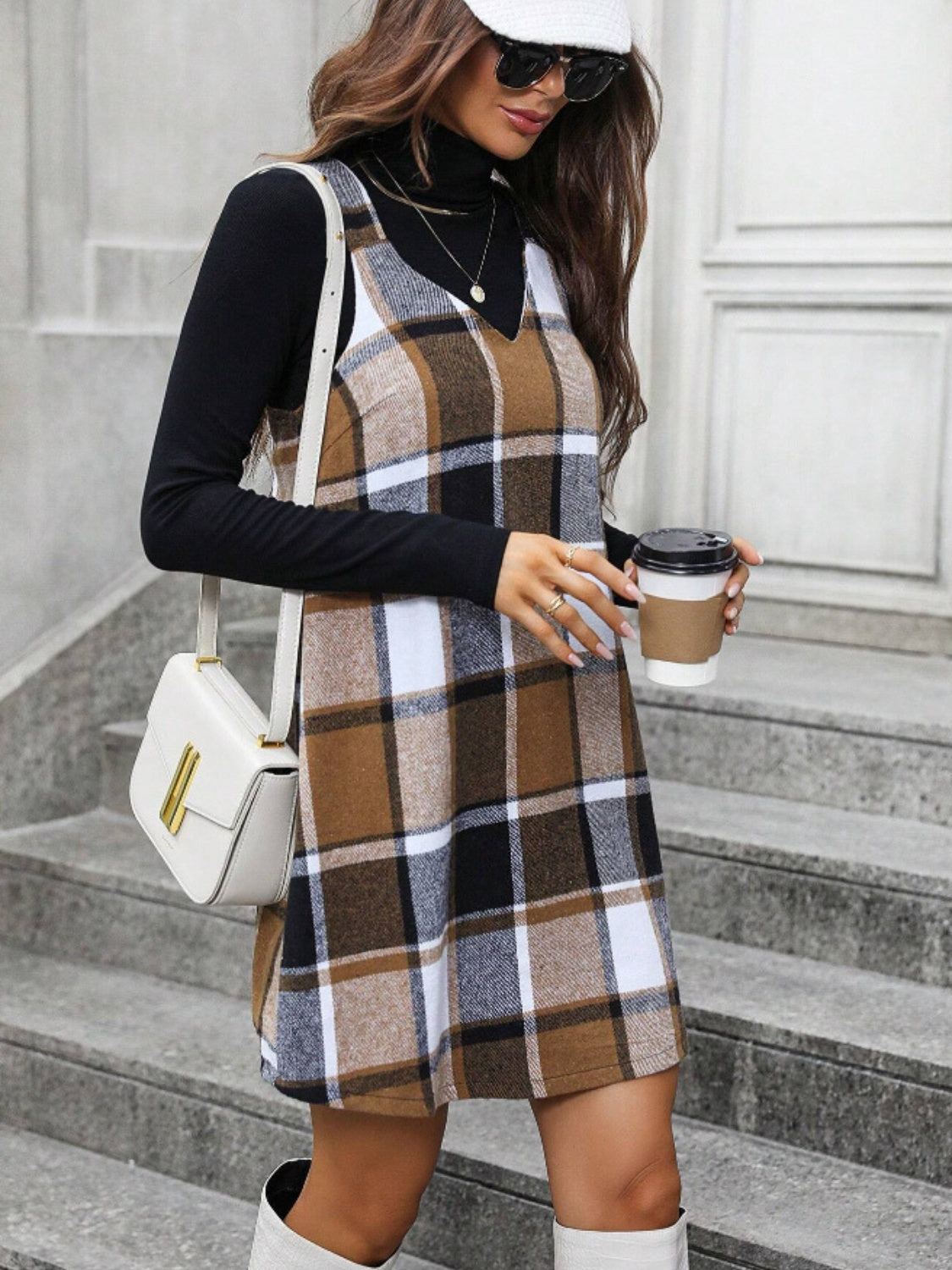 Brown Plaid V-Neck Wide Strap Jumper