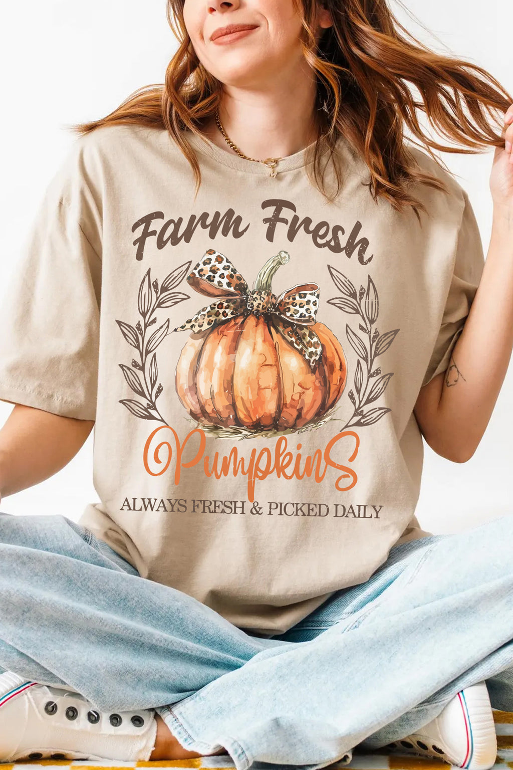 Khaki Farm Fresh Pumpkin Slogan Fall Graphic Tee