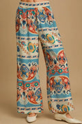 Umgee Wide Leg Border Print Pants BLUE MIX Bazarre Mart Wide Leg Border Print Pants