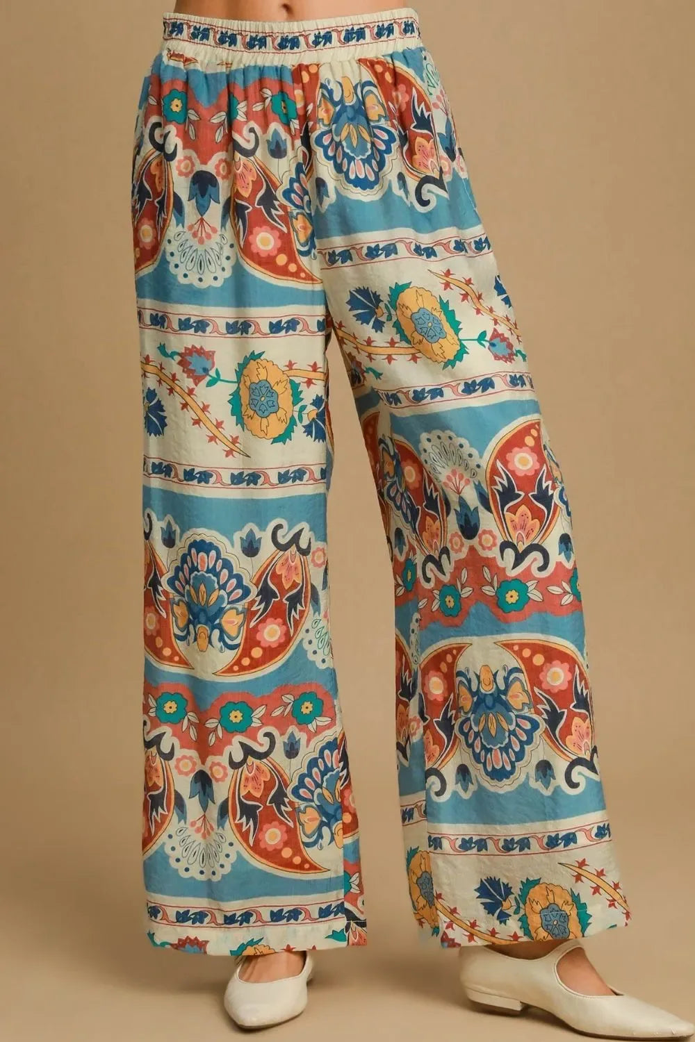 Umgee Wide Leg Border Print Pants BLUE MIX Bazarre Mart Wide Leg Border Print Pants