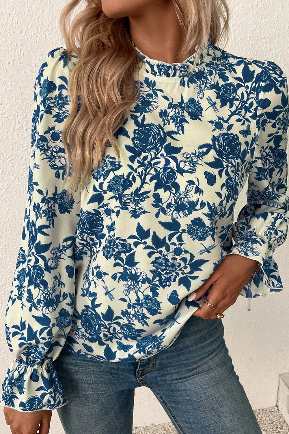 Retro Blue Floral Long Puff Sleeve Keyhole Back Blouse