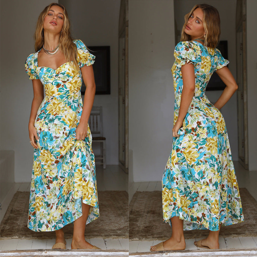 Short Puff Sleeve Blue And Yellow Floral Retro Maxi Dress CJ Dropshipping Blue Green Floral Maxi Dress