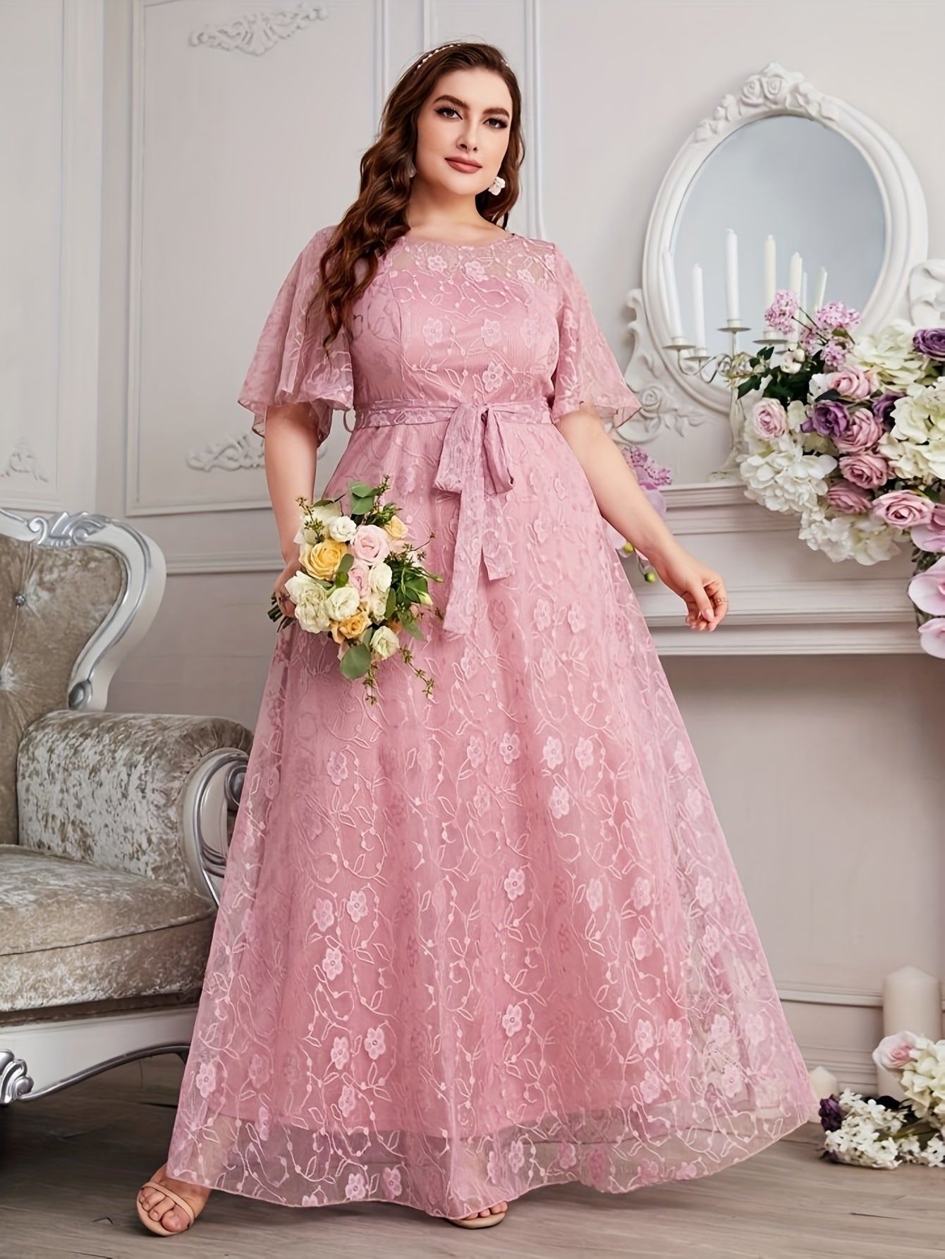 Elegant High Waist Lace Round Neck Half Flutter Sleeve Solid Color Formal Floor Length Dress