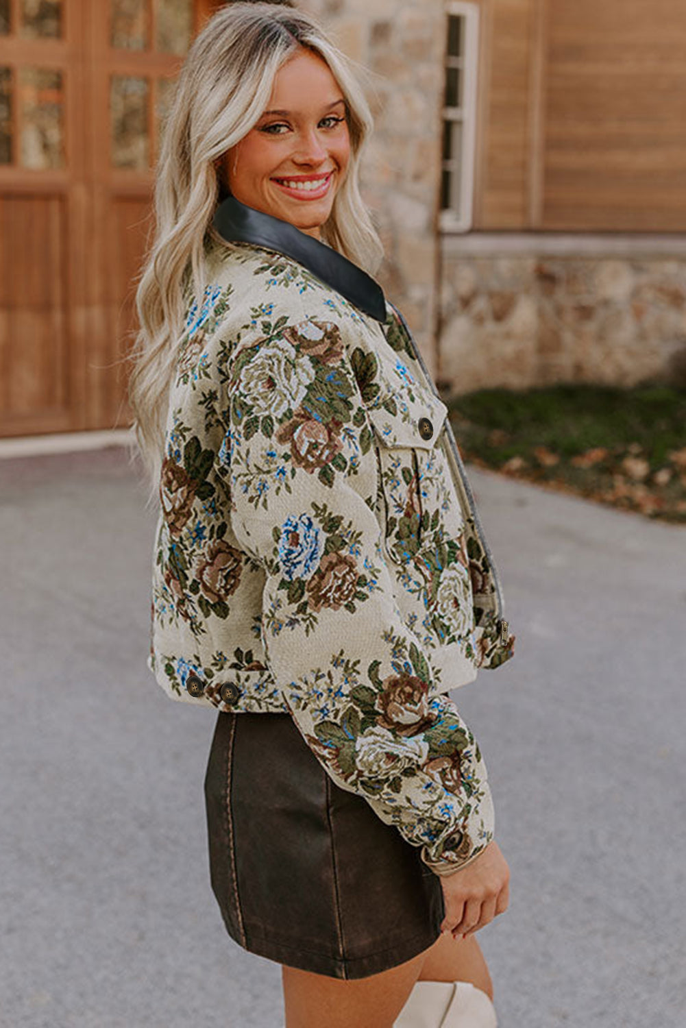 Khaki Floral Zip Up Jacket Shewin Floral Jacket