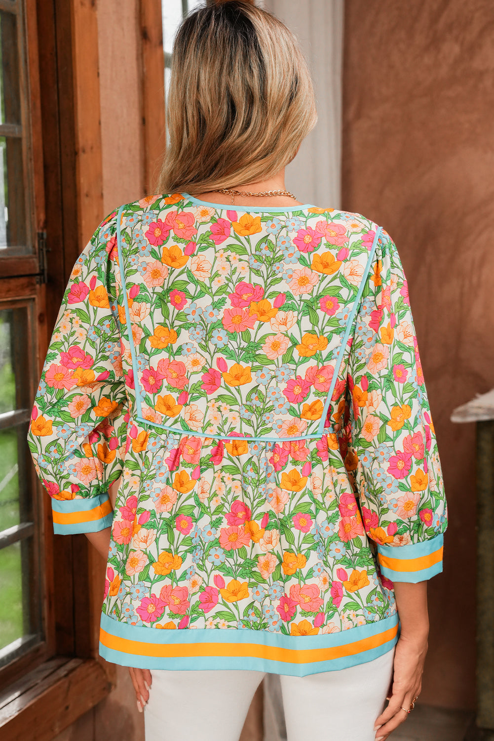 Green Floral Striped Trim Puff Sleeve Blouse Shewin Blouses