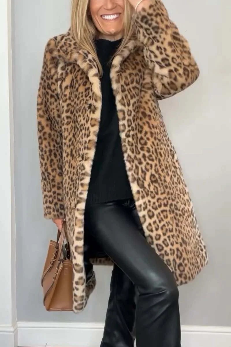 Faux Leopard Print Fur Dress Coat