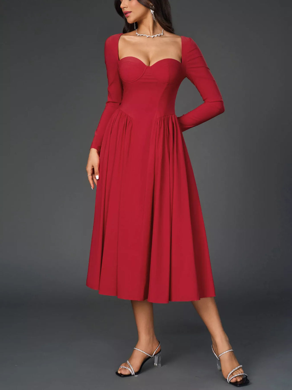 Sweetheart Neckline Long Sleeve A-Line Midi Dress Trendsi Sweetheart Neckline Long Sleeve A-Line Midi