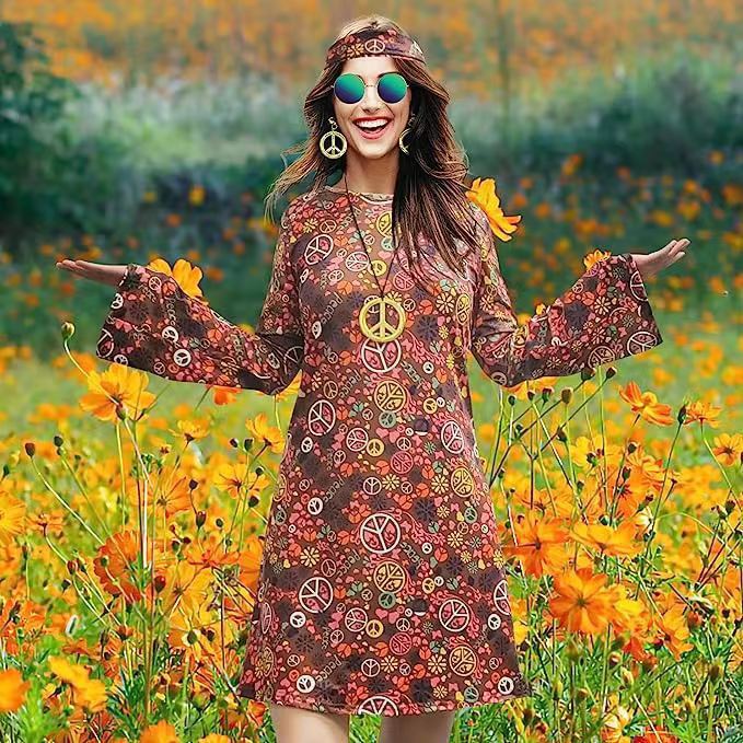 Retro Hippie Bell Sleeve Mini Dress – Boho Geometric Print High Waist Dress Vintage Skirt 2 CJ Dropshipping Retro Hippie Dress