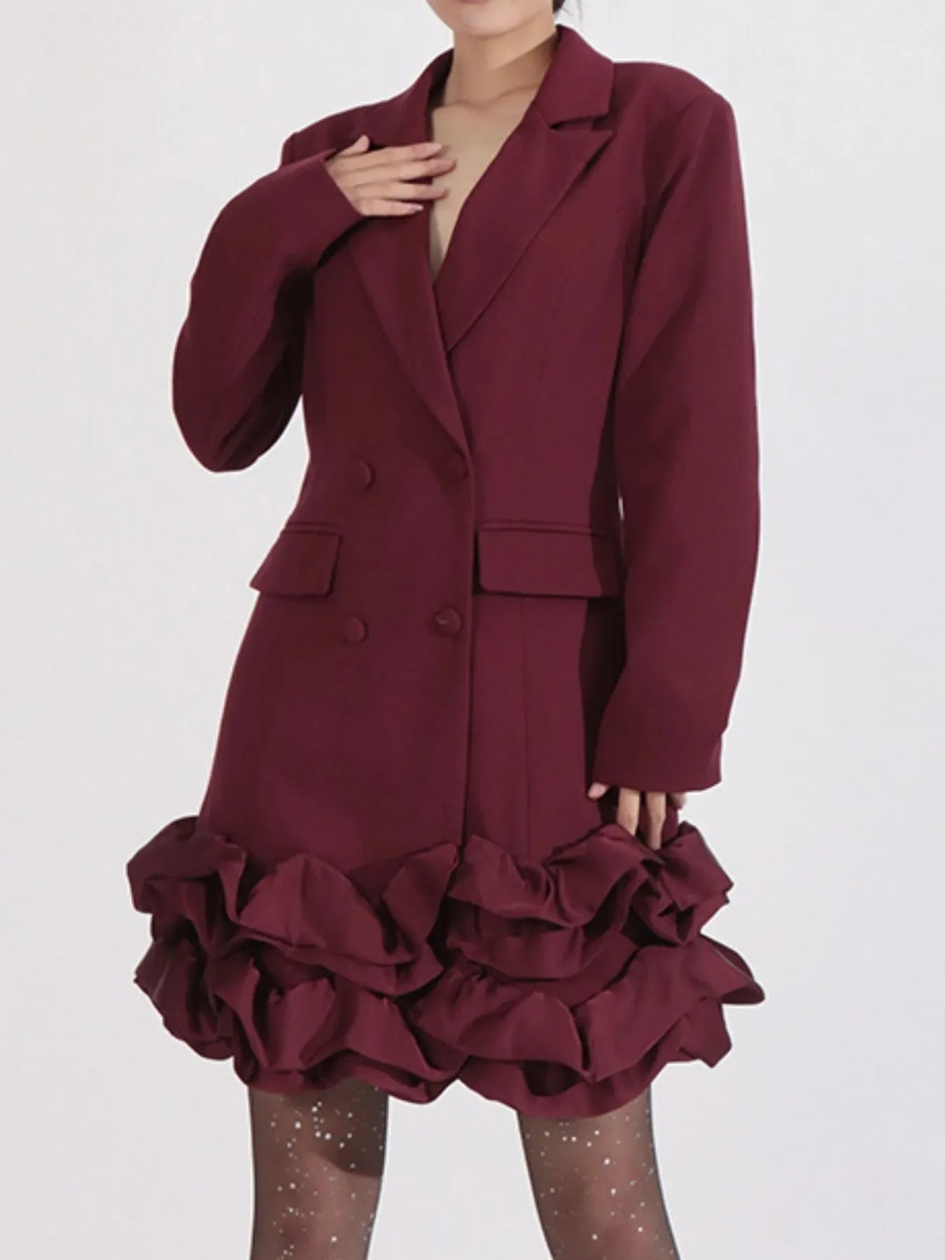 Ruffle Hem Double-Breasted Blazer Dress Trendsi