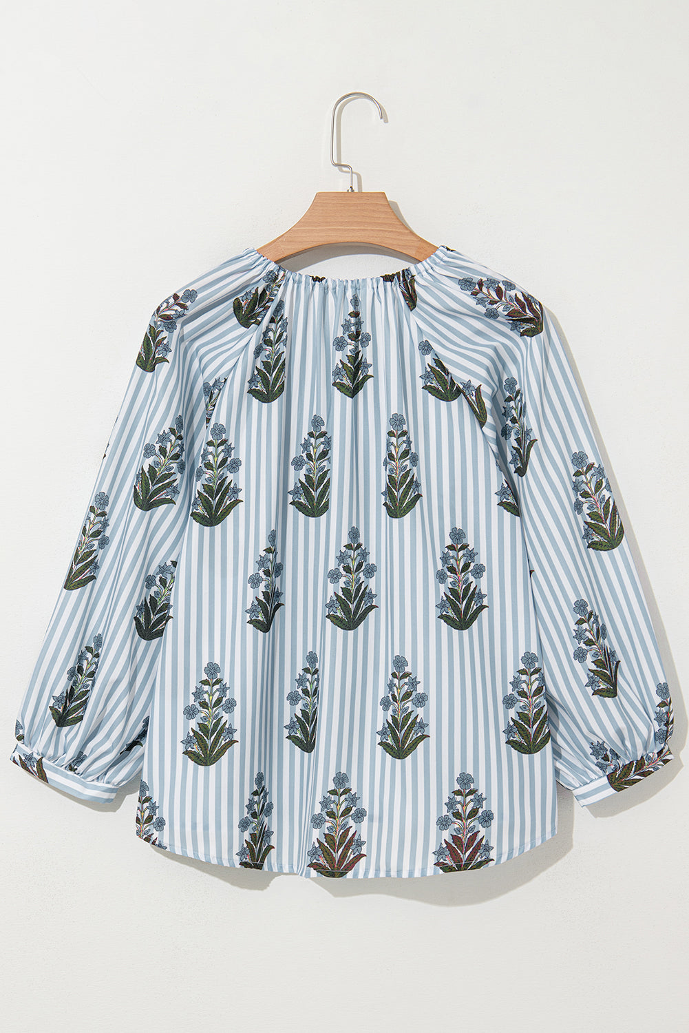 Blue Striped Floral Long Sleeve V Neck Blouse