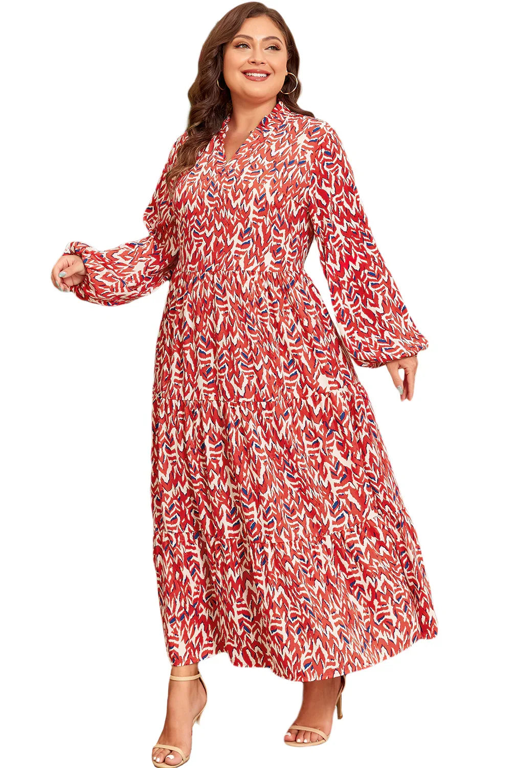 Red Abstract Print V Neck High Waist Maxi Dress Bazaare Mart Plus Size/Plus Size Dresses/Plus Size Maxi Dresses
