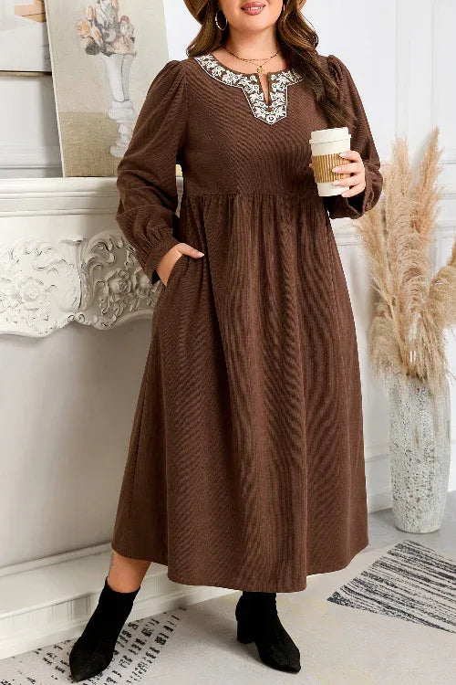 Coffee Embroidered Notched Neck Textured Midi Dress Bazaare Mart Plus Size/Plus Size Dresses/Plus Size Midi Dresses