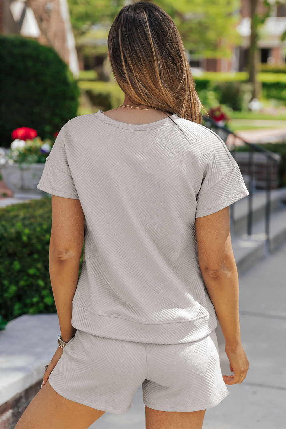 Back of Plain Grey Short Sleeve Top and Shorts Set