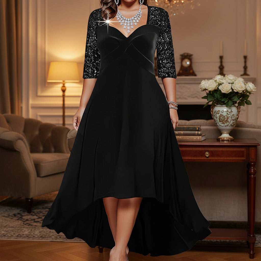 Elegant Sweetheart Neck 3/4 Sequin Sleeve Velvet High Low Midi Dress