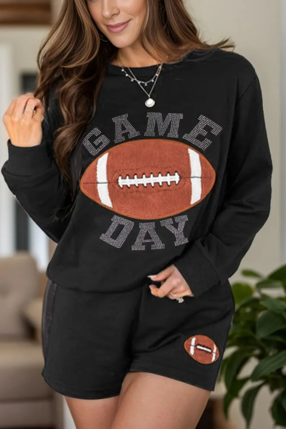 GAME DAY Football Round Neck Long Sleeve Top and Shorts Set Black Bazaare Mart Football Shorts Set