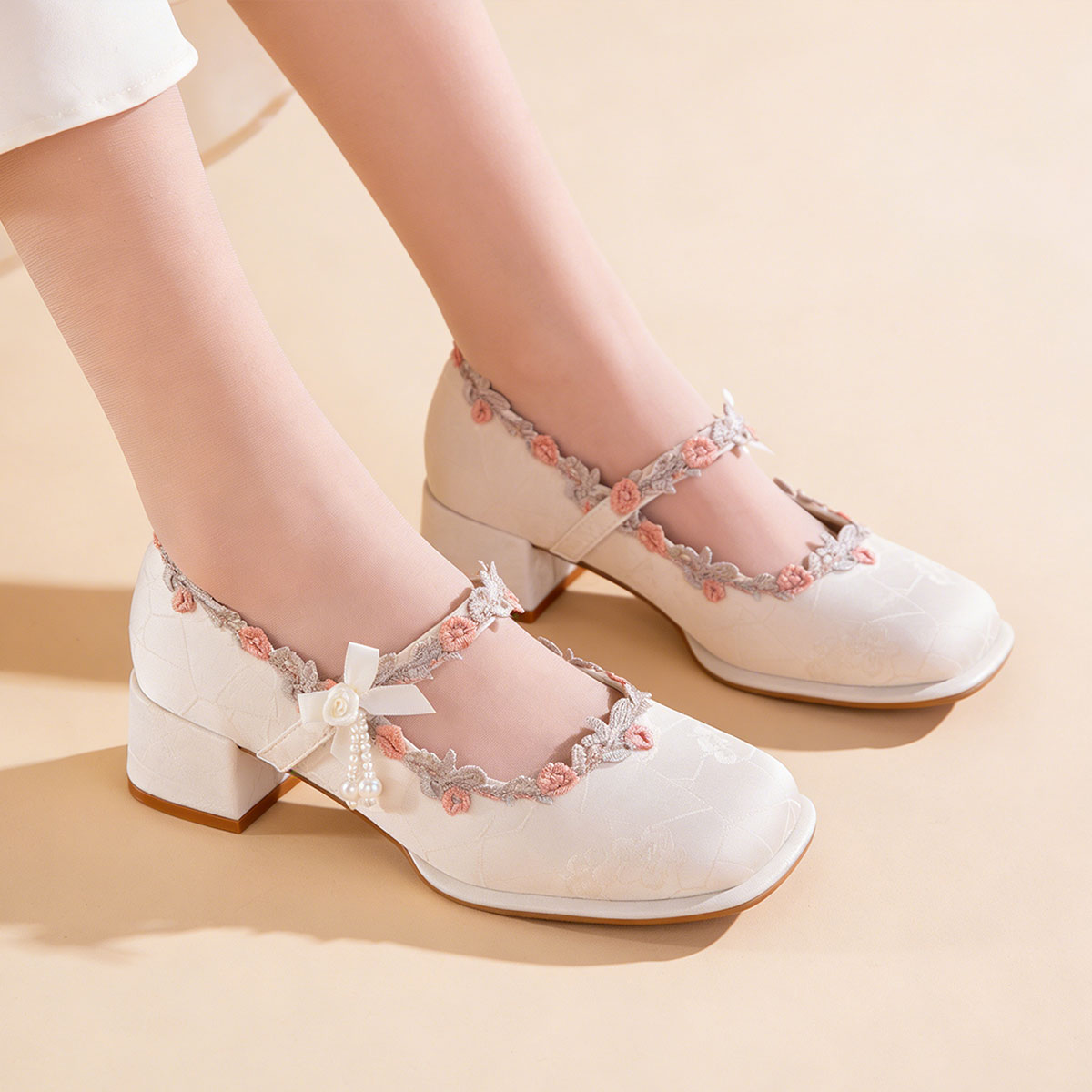 Oriental Jacquard Satin Mary Jane Heels – Embroidered Pearl Square Toe Dress Shoes CJ Dropshipping Flower Girl Shoes