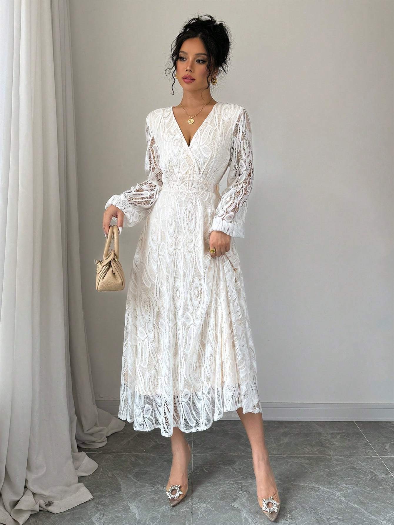 Elegant Long Sleeve V-Neck Lace Peplum Dress