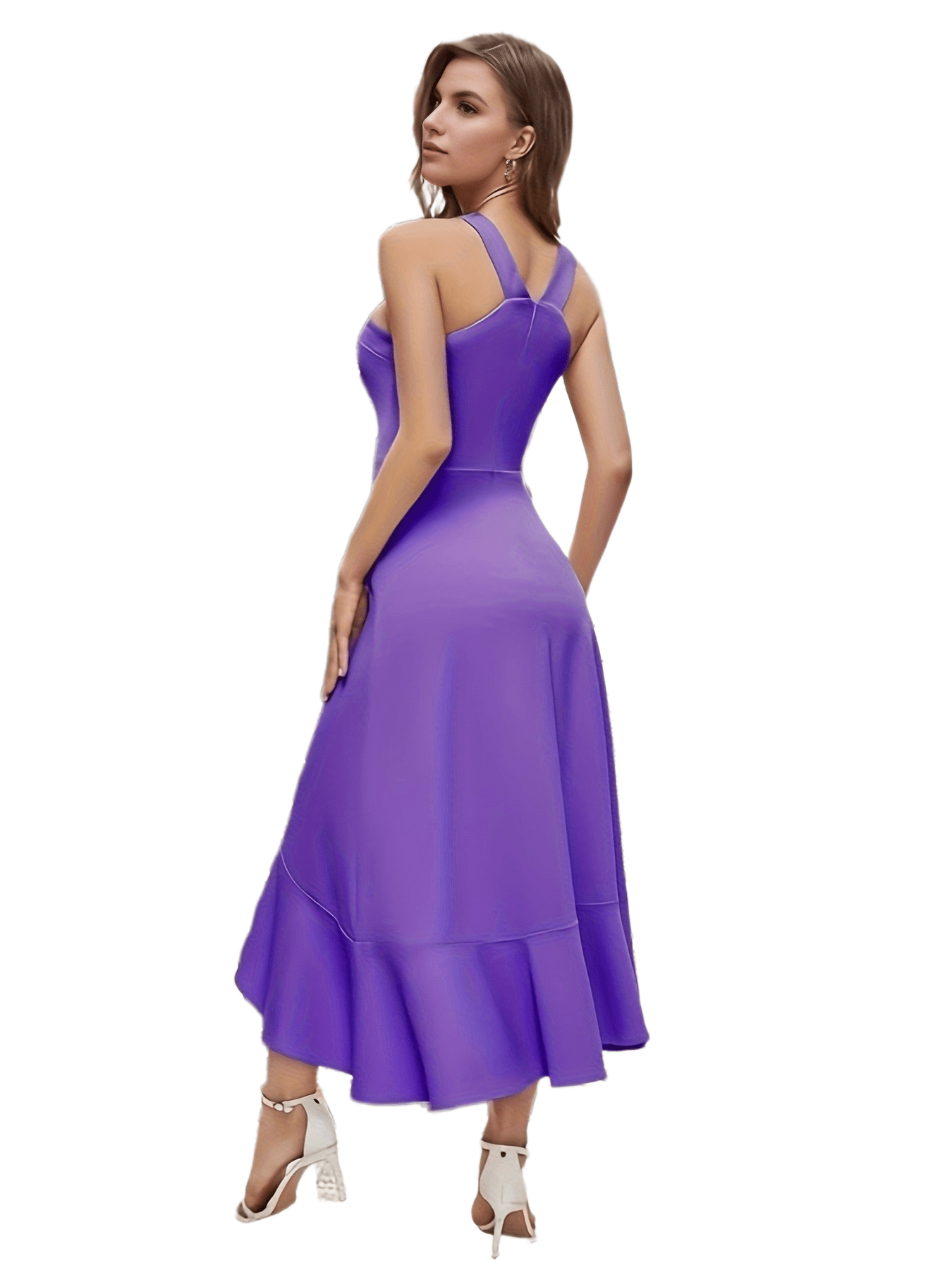 Asymmetric Wrap Ruffle Sleeveless V-Neck Bridesmaid Dress`