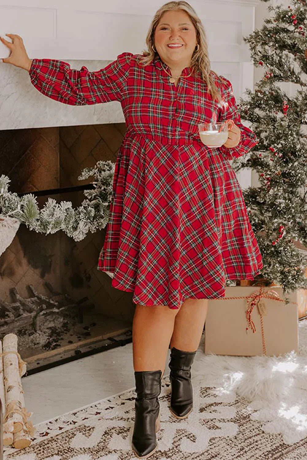 Red Plaid Half Button Long Sleeve Dress Bazaarre Mart Plus Size/Plus Size Dresses/Plus Size Mini Dresses