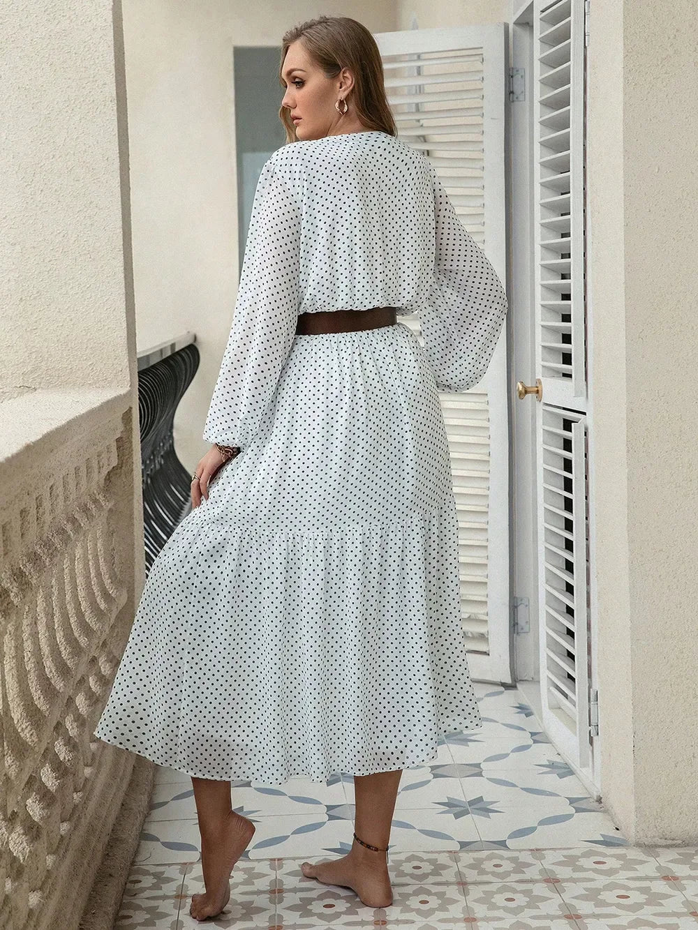 White Polka Dot Floral Print Long Sleeve Tiered Midi Dress Bazarre Mart Long Sleeve Midi Dress