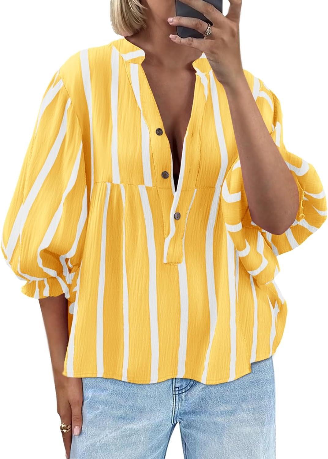Women’s Striped Puff Sleeve Blouse – Loose Fit 3/4 Sleeve Half Button Top Yellow CJ Dropshipping Wide Vertical Stripe 3/4 Sleeve Shirt