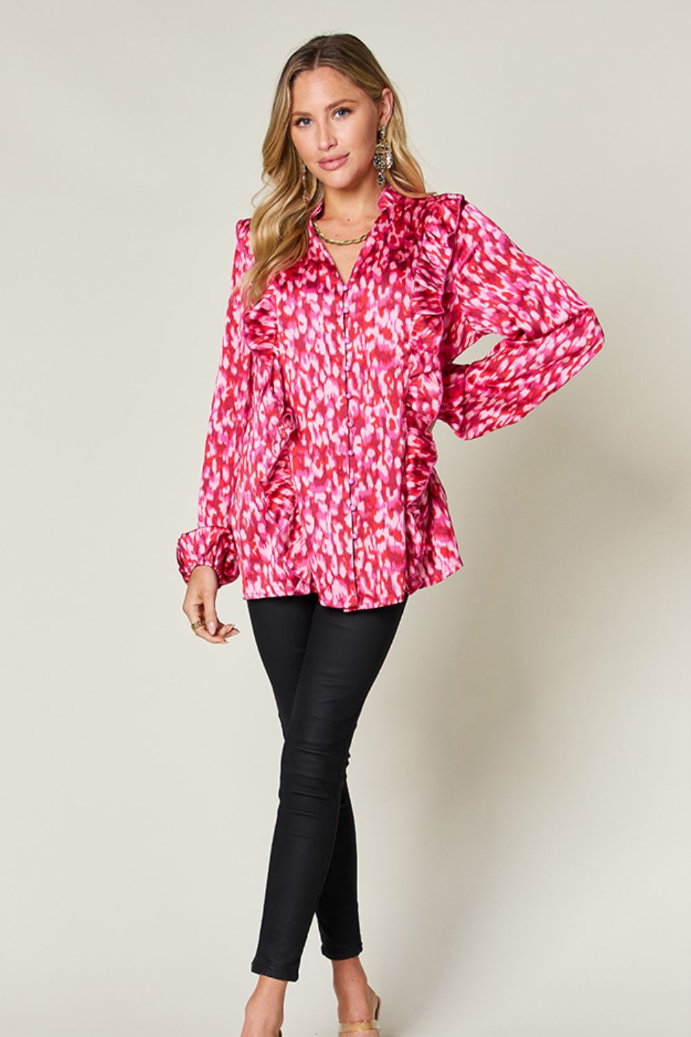 Printed Ruffle Trim Balloon Sleeve Shirt