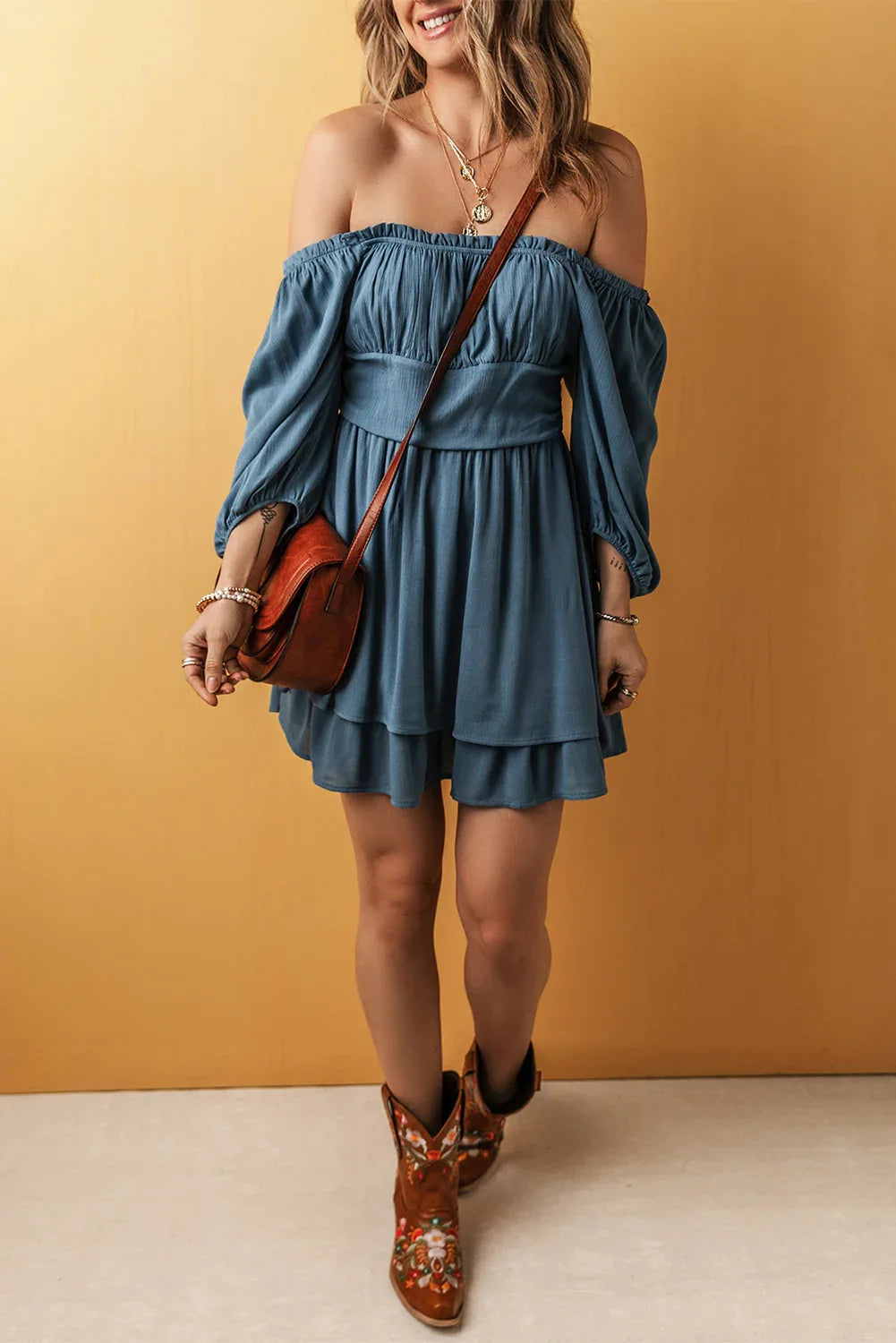 Real Teal Frilled Neckline 3/4 Sleeve Layered Ruched Mini Dress Bazaare Mart Dresses/Mini Dresses