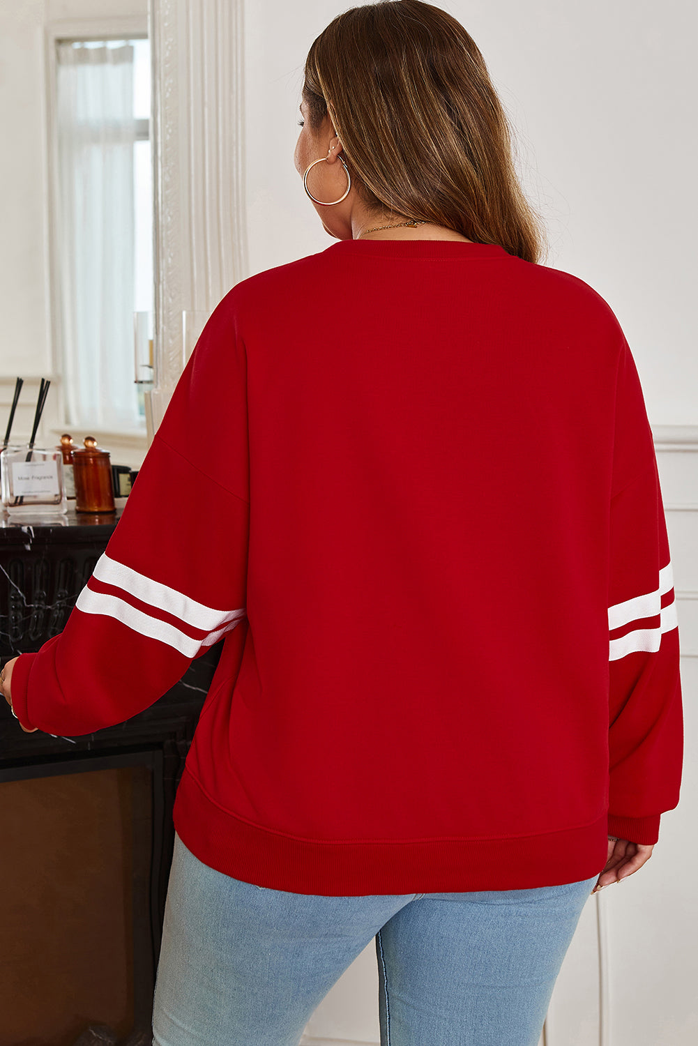 Varsity Striped Detail Crew Neck Plus Sweatshirt Bazaare Mart Plus Size/Plus Size Sweatshirts & Hoodies