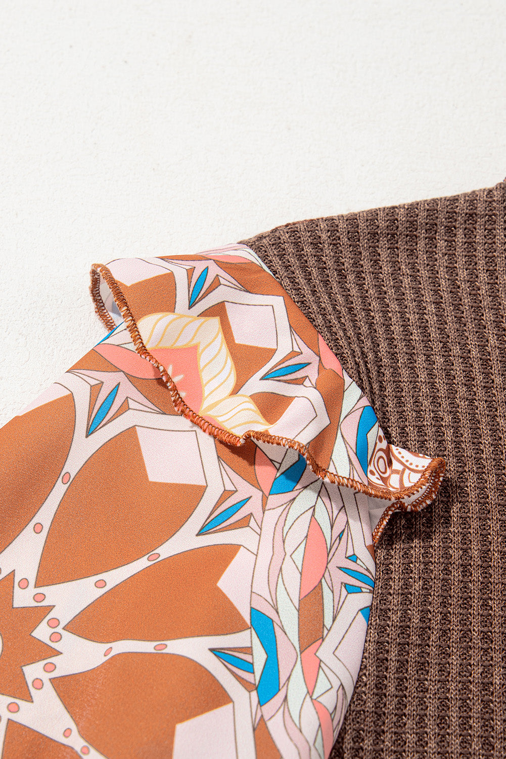 Long Floral Sleeve Patchwork Waffle Knit Top