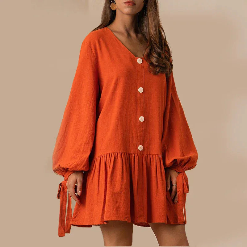 Orange V Neck Puff Sleeve Ruffle Mini Dress Bazaare Mart Long Sleeve Mini Dress