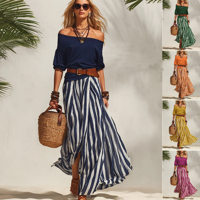 Women’s Off-Shoulder Top & Stripe Slit Maxi Skirt Set – Two-Piece Matching Outfit CJ Dropshipping 2pc. Maxi Skirt Set