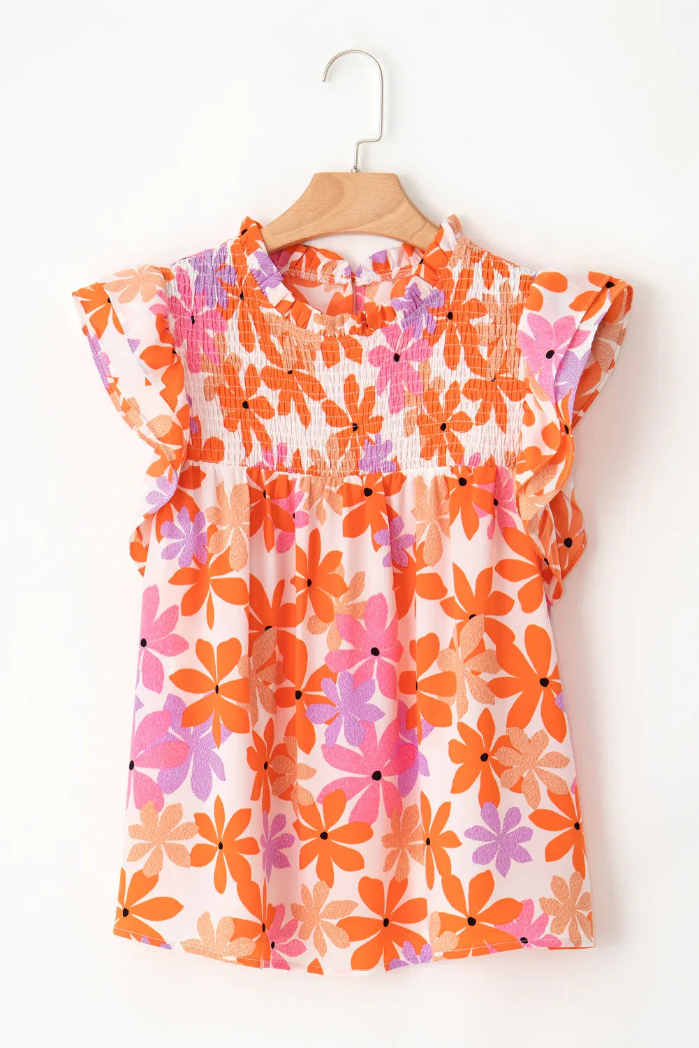 Orange Ruffled Sleeve Smocked Floral Top Bazaare Mart Tops