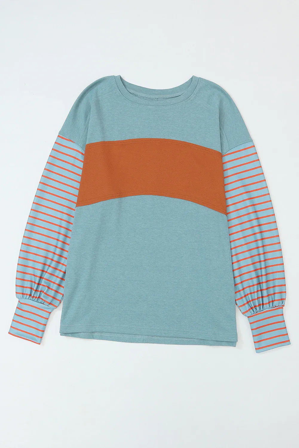 Blue Colorblock Striped Bishop Sleeve Top Shewin Long Sleeve Tops