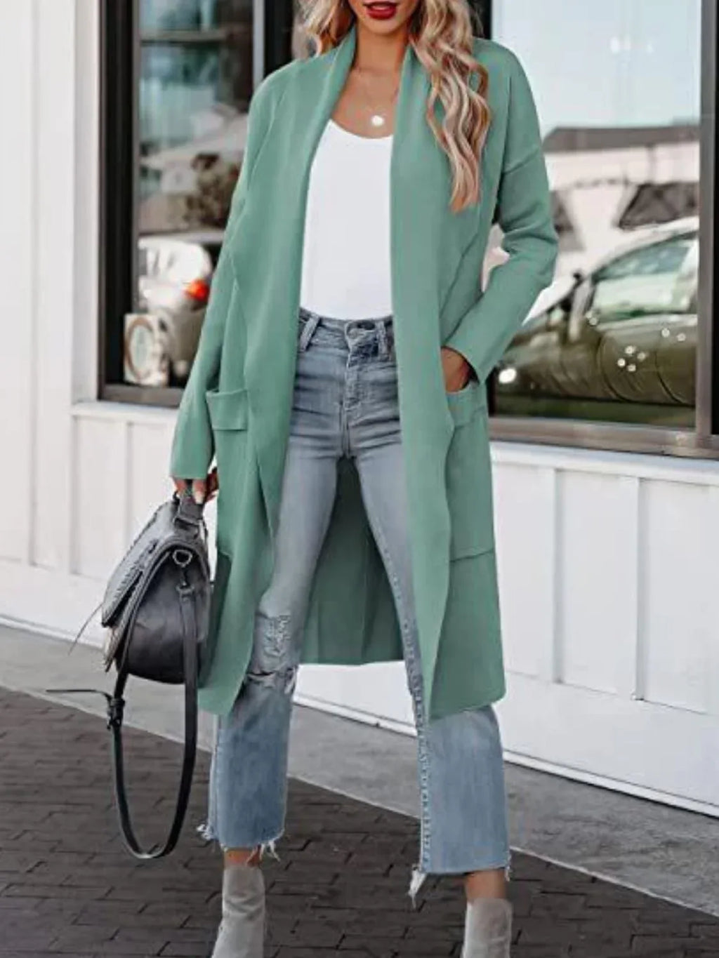 Open Front Dropped Shoulder Outerwear Turquoise Trendsi Open Front Dropped Shoulder Outerwear