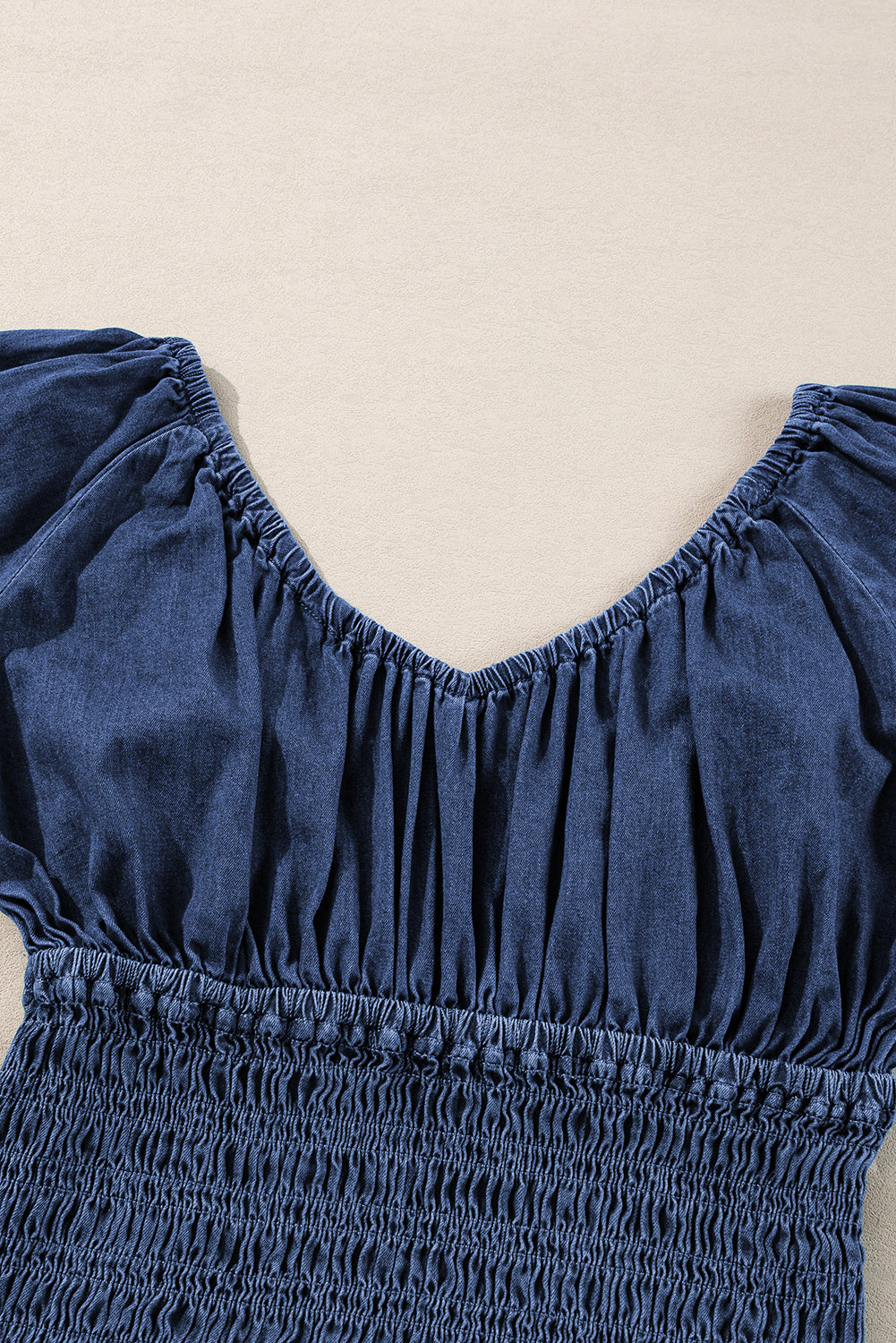 Dark Blue Smocked Ruffled Puff Long Sleeve Denim Blouse